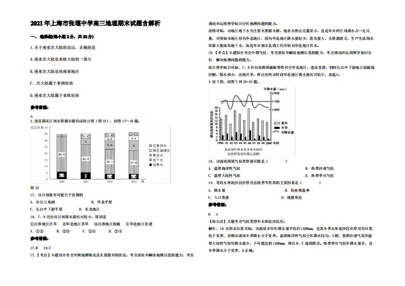 2021年上海市张堰中学高三地理期末试题含解析