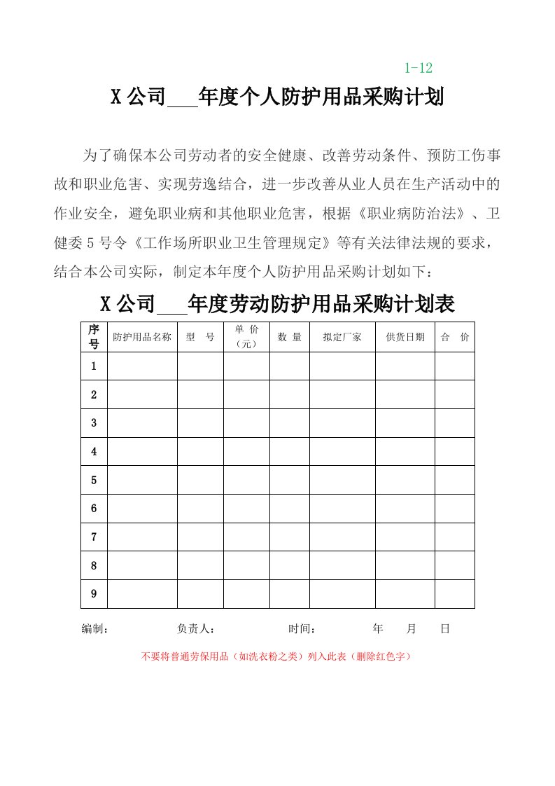 精品文档-212个人防护用品的采购计划与发放使用记录