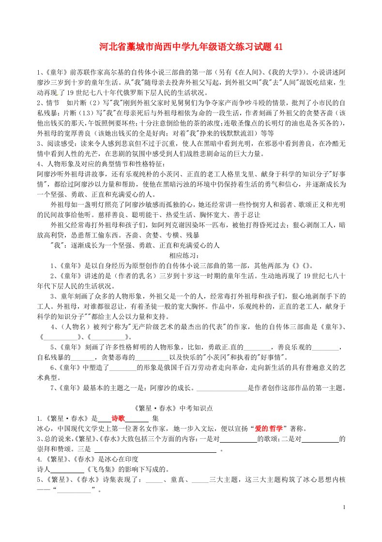 河北省藁城市尚西中学九级语文练习试题41（无答案）