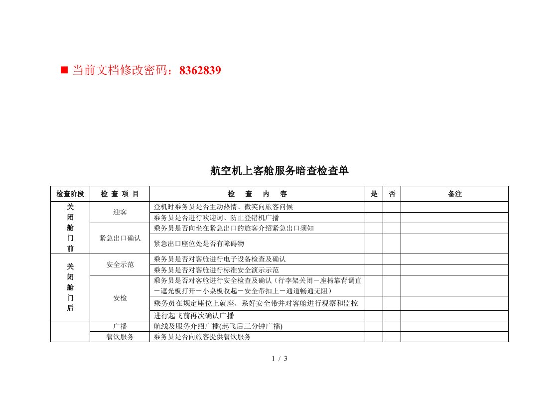 航空机上客舱服务暗查检查表