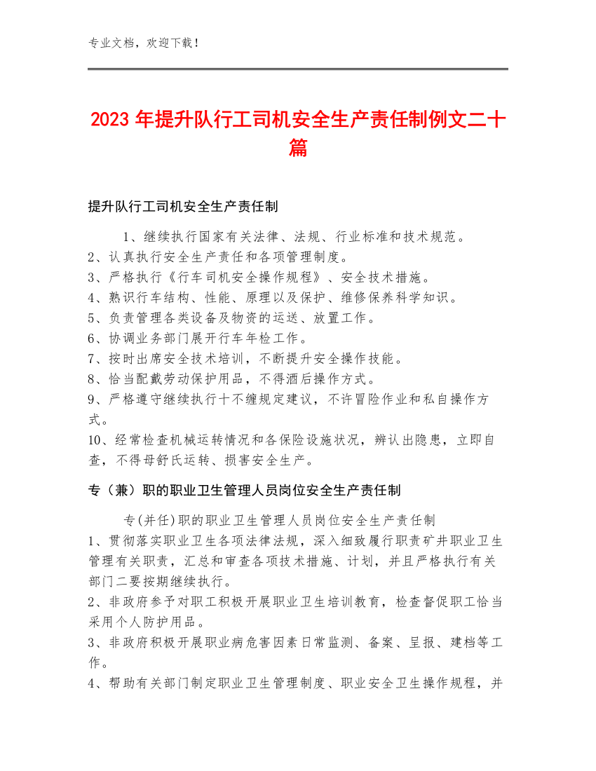 2023年提升队行工司机安全生产责任制例文二十篇