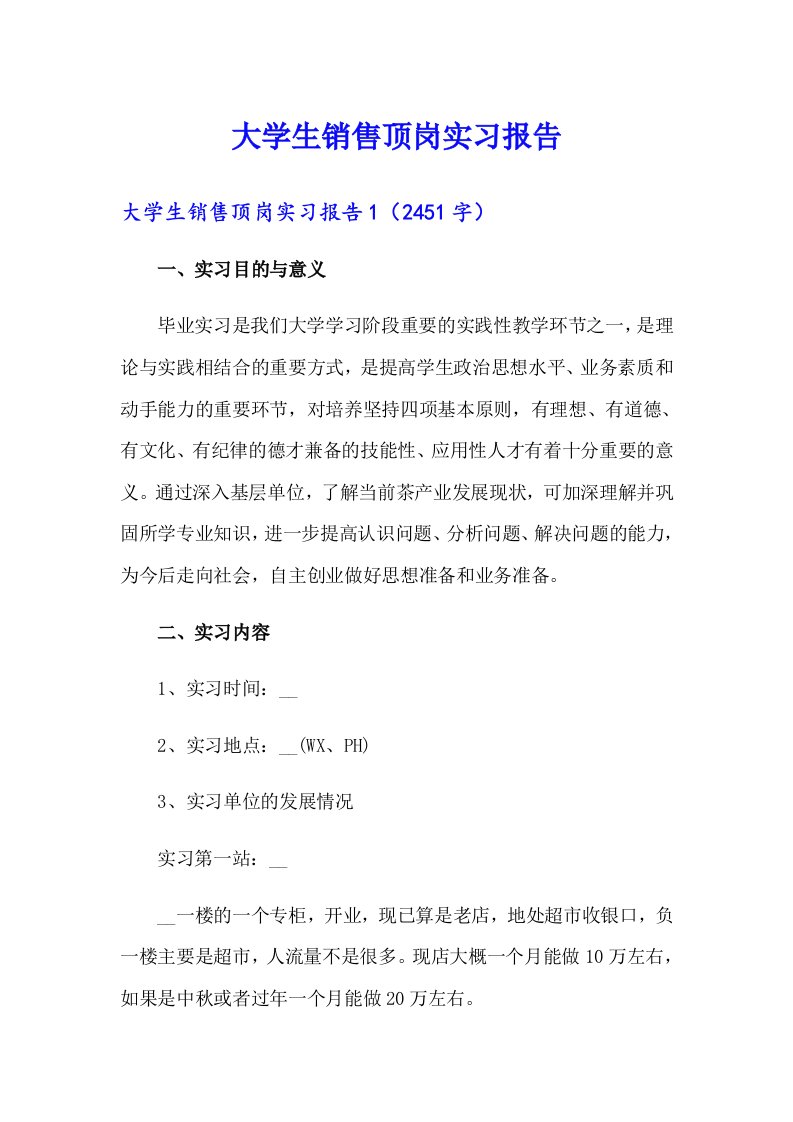 大学生销售顶岗实习报告