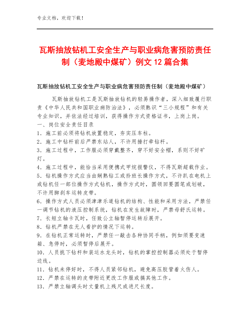 瓦斯抽放钻机工安全生产与职业病危害预防责任制（麦地殿中煤矿）例文12篇合集