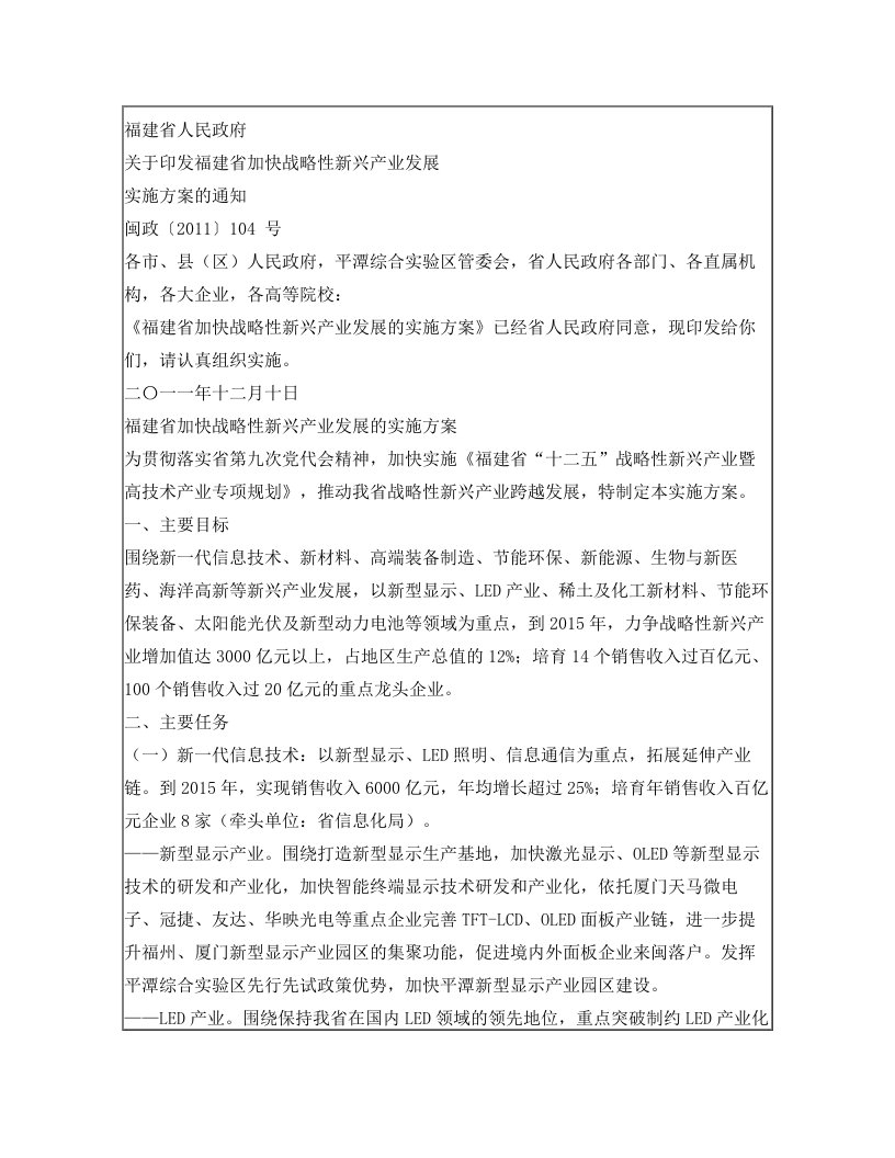 福建省人民政府关于印发福建省加快战略性新兴产业发展实施方案的通知