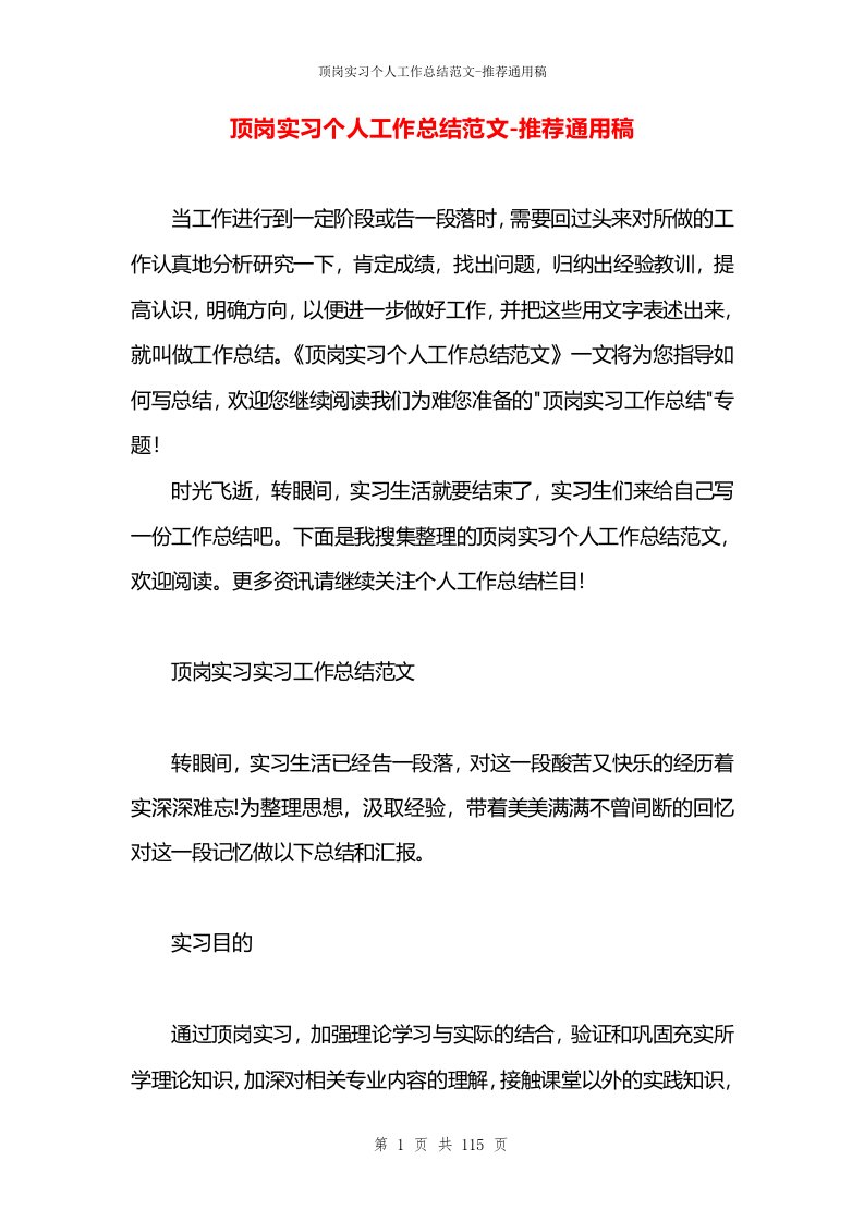 顶岗实习个人工作总结范文