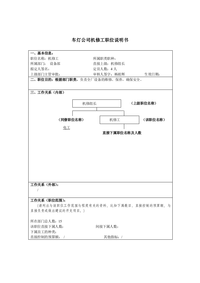 车灯公司机修工岗位说明书