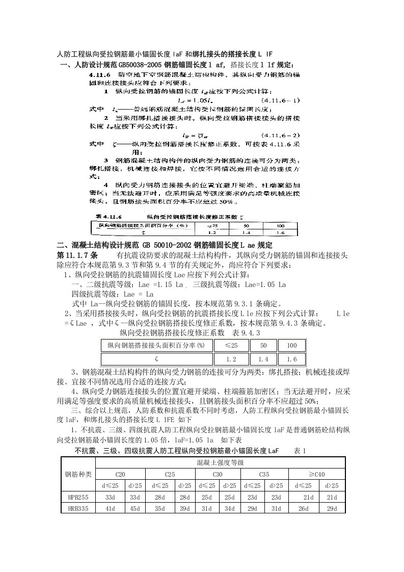 人防工程锚固长度和搭接长度