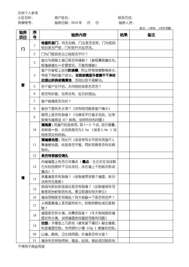 新房收房验收记录单(毛坯房)