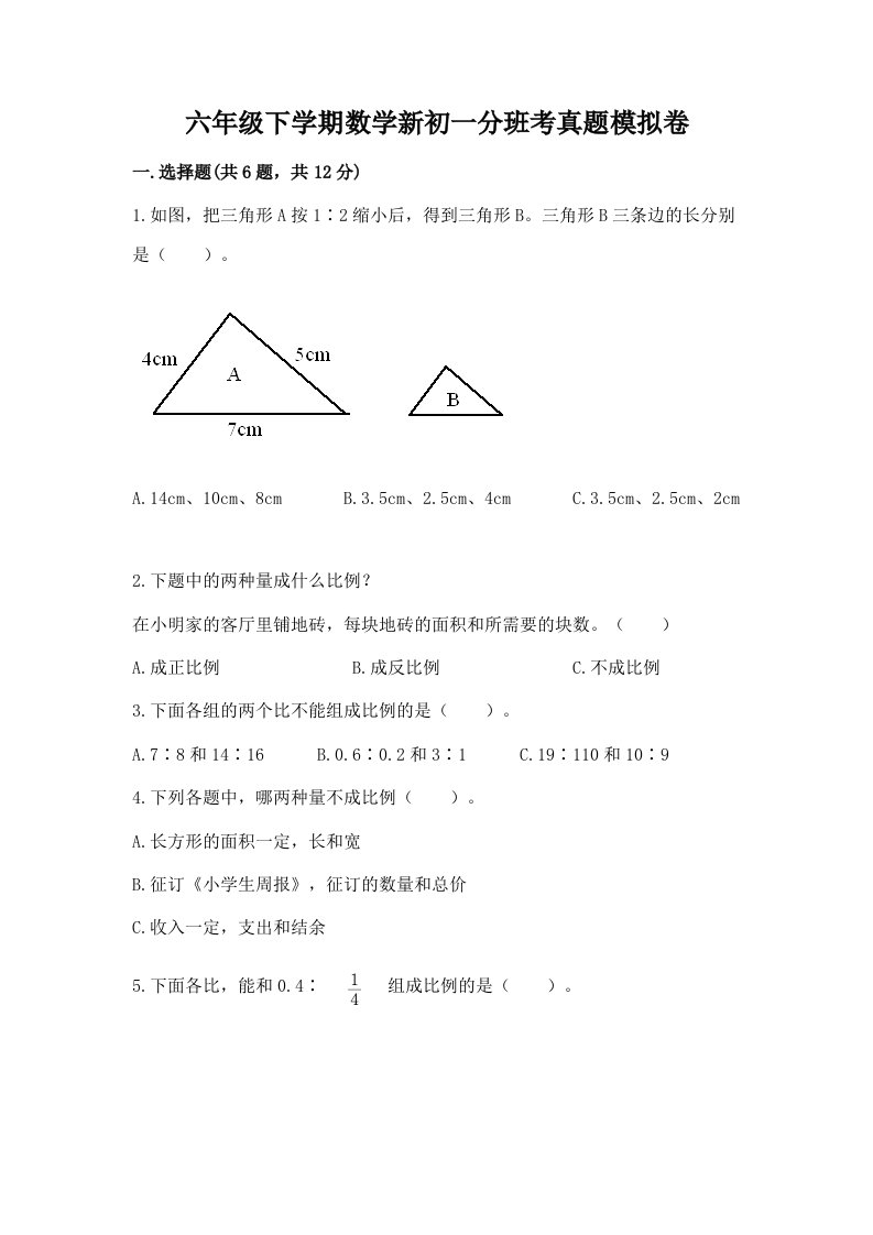 六年级下学期数学新初一分班考真题模拟卷（精选题）