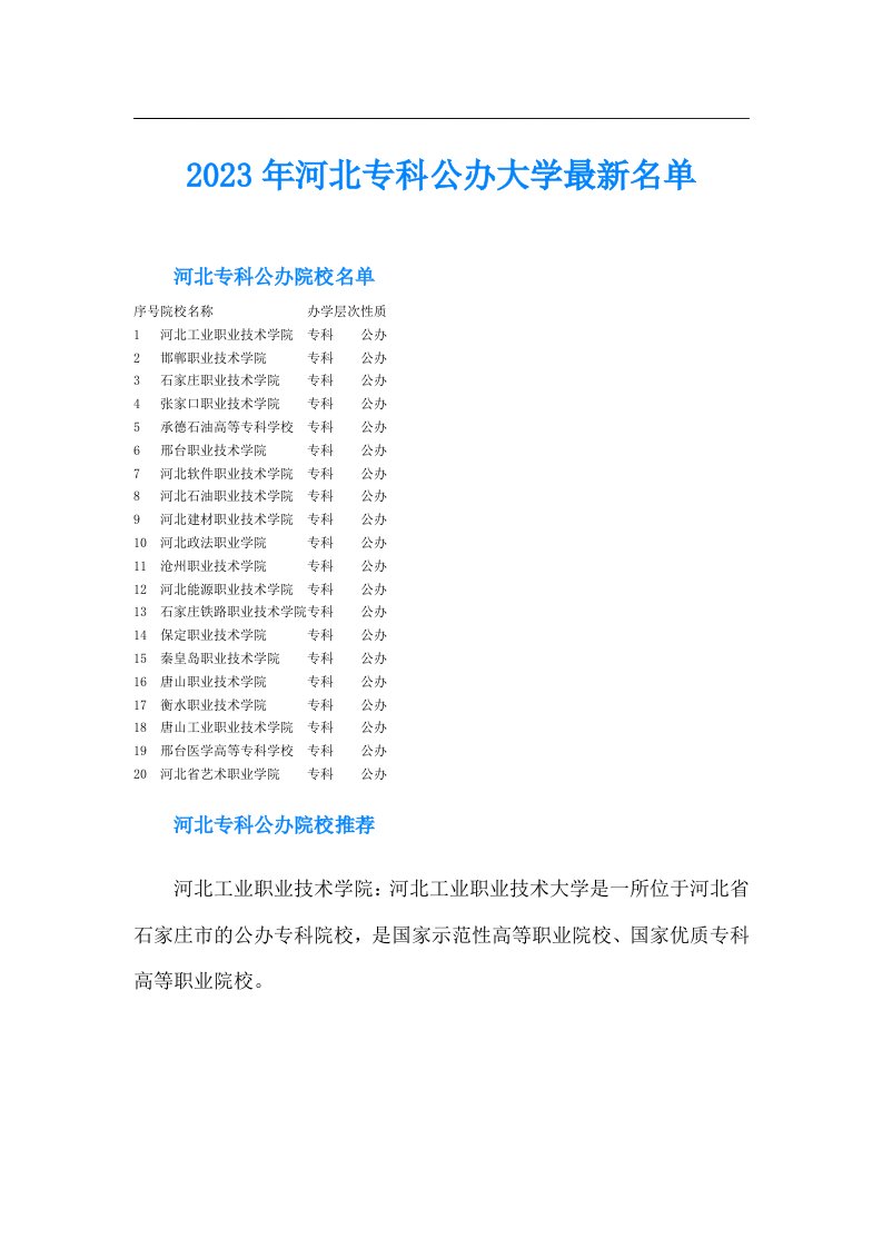 河北专科公办大学最新名单