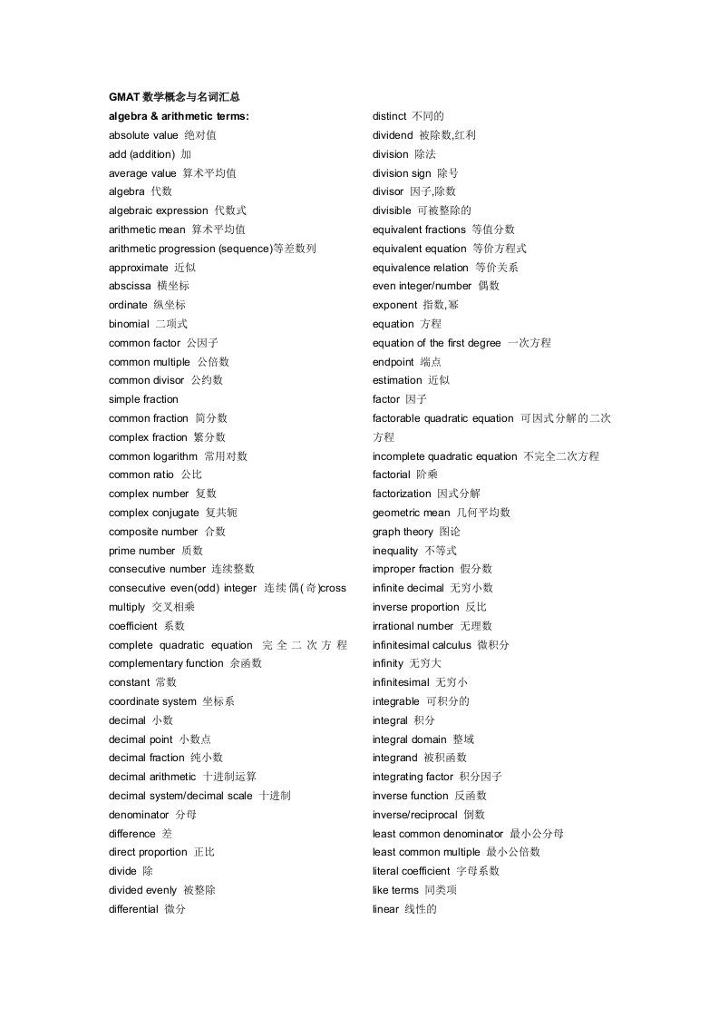GMAT数学概念与名词汇总