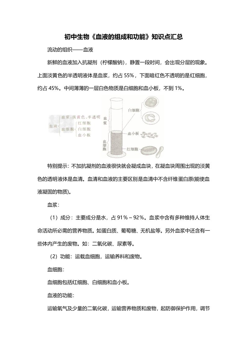 初中生物血液的组成和功能知识点汇总