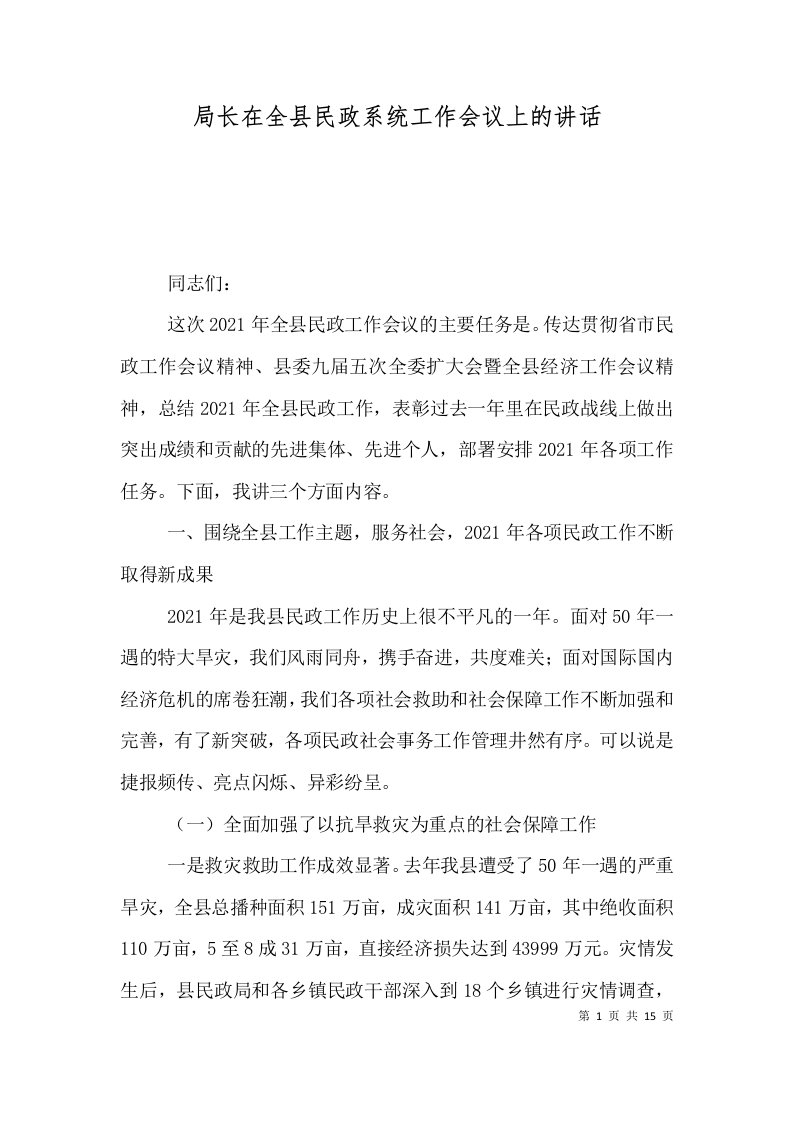 精选局长在全县民政系统工作会议上的讲话