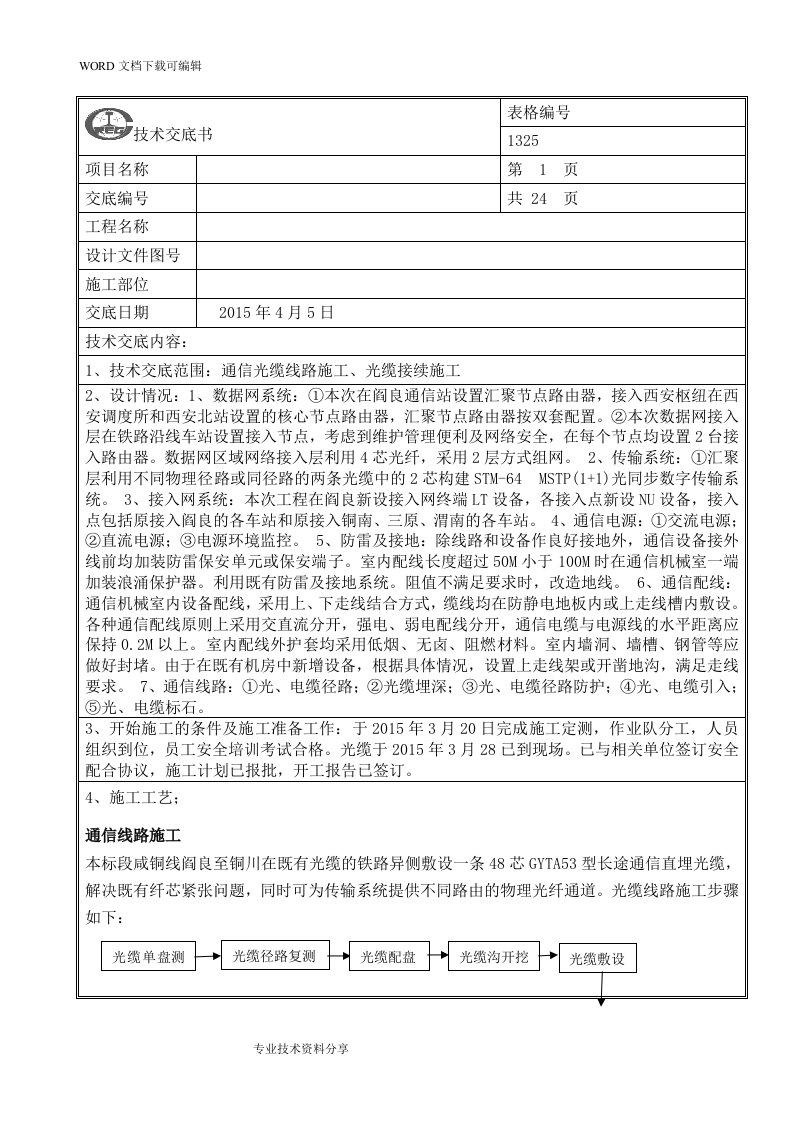 通信光缆线路施工、光缆接续施工技术交底记录大全