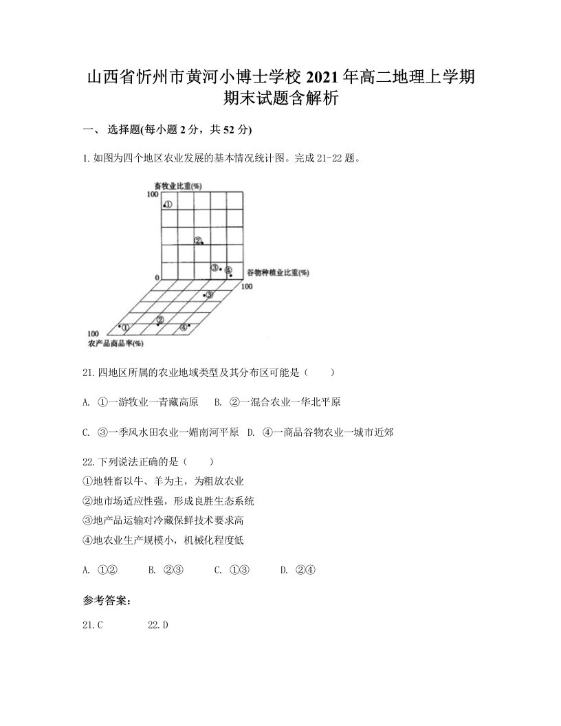 山西省忻州市黄河小博士学校2021年高二地理上学期期末试题含解析