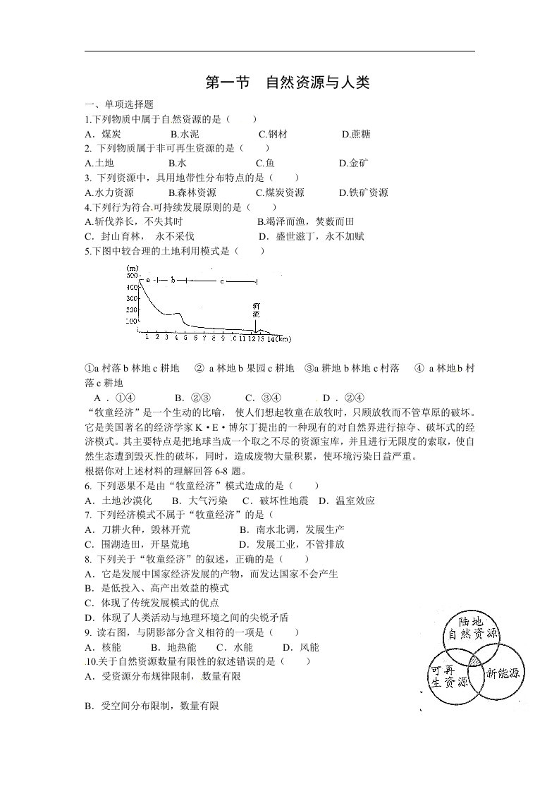 鲁教版地理必修1《自然资源与人类》同步测试