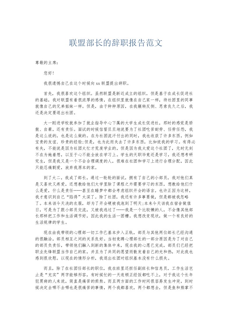 总结报告联盟部长的辞职报告范文