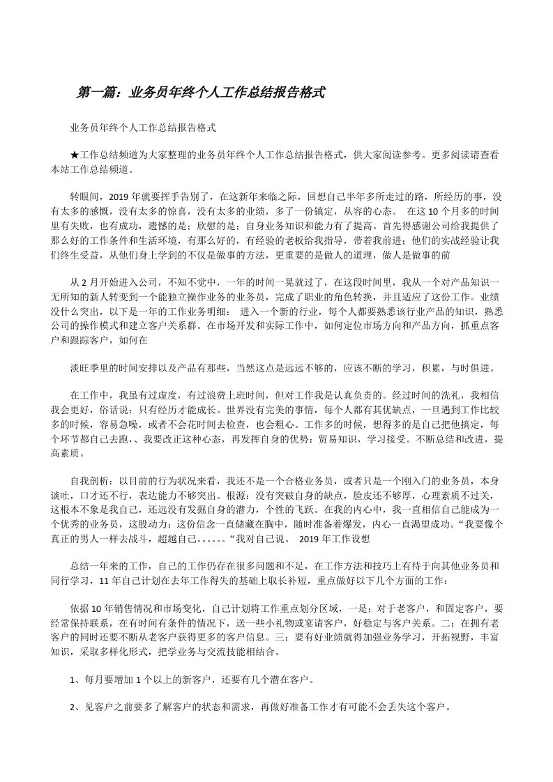 业务员年终个人工作总结报告格式（优秀范文5篇）[修改版]