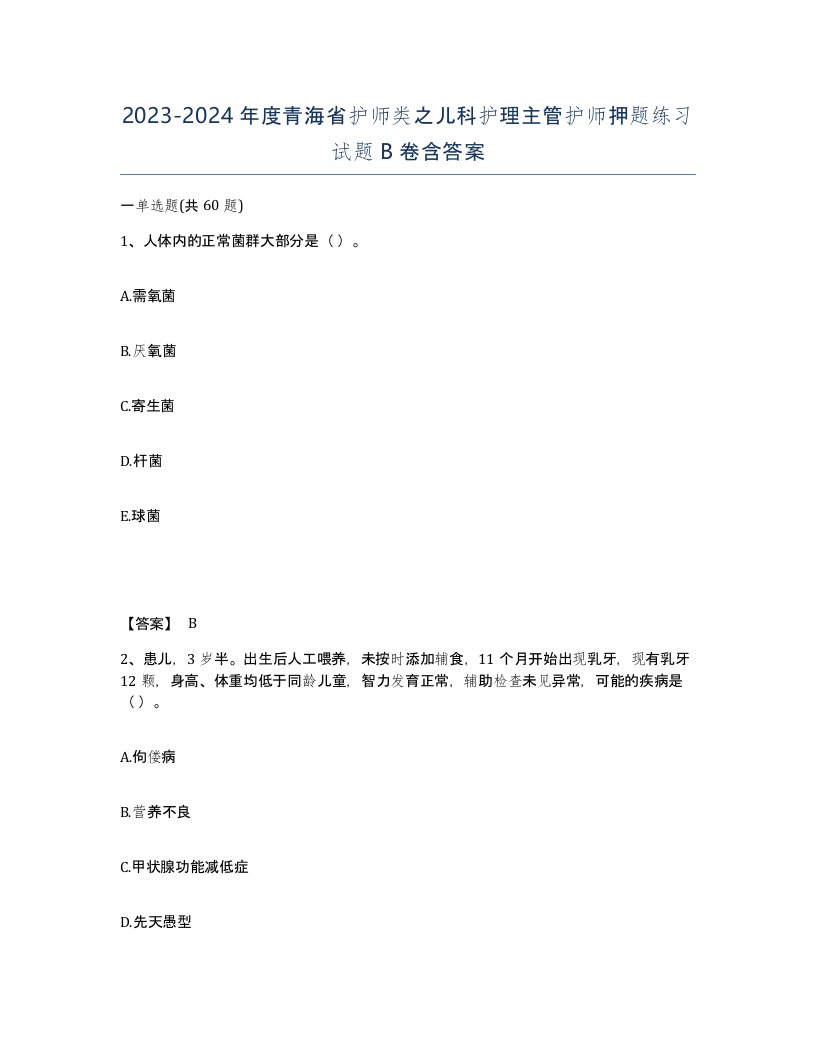 2023-2024年度青海省护师类之儿科护理主管护师押题练习试题B卷含答案