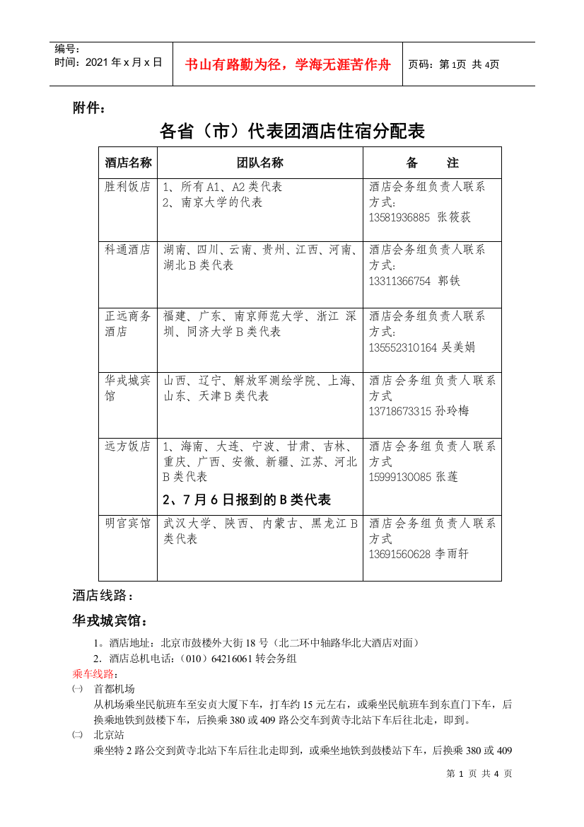 各省市代表团酒店住宿分配表