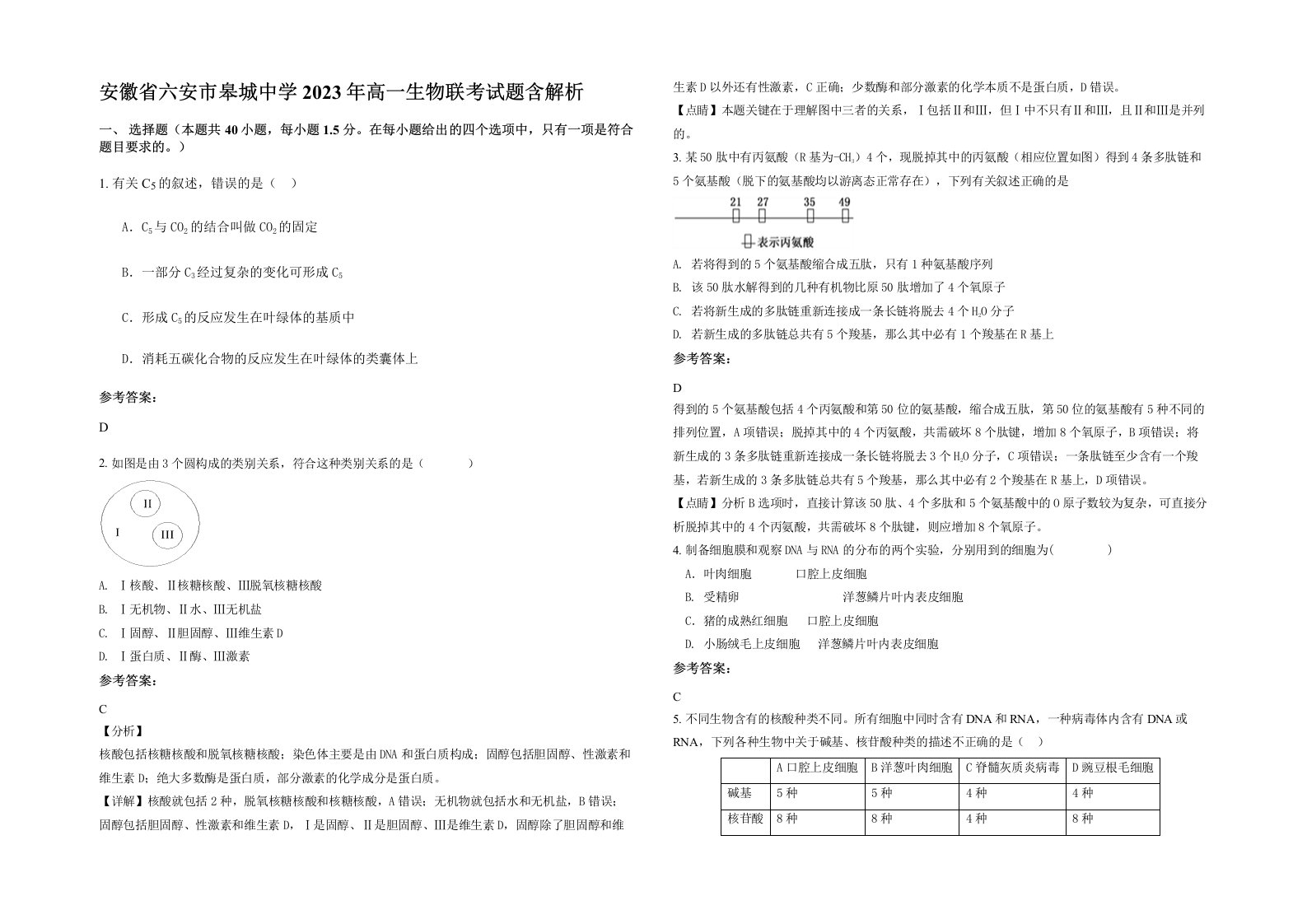 安徽省六安市皋城中学2023年高一生物联考试题含解析