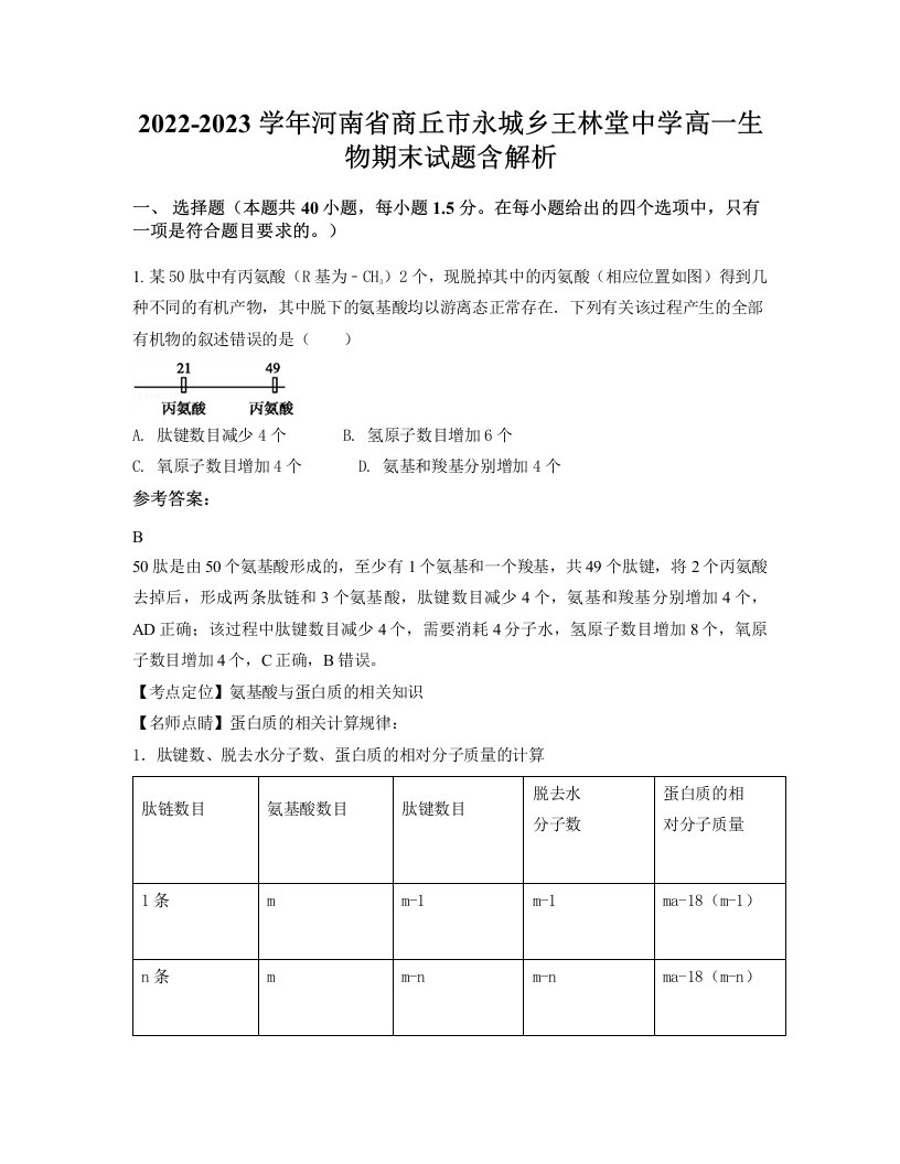 2022-2023学年河南省商丘市永城乡王林堂中学高一生物期末试题含解析