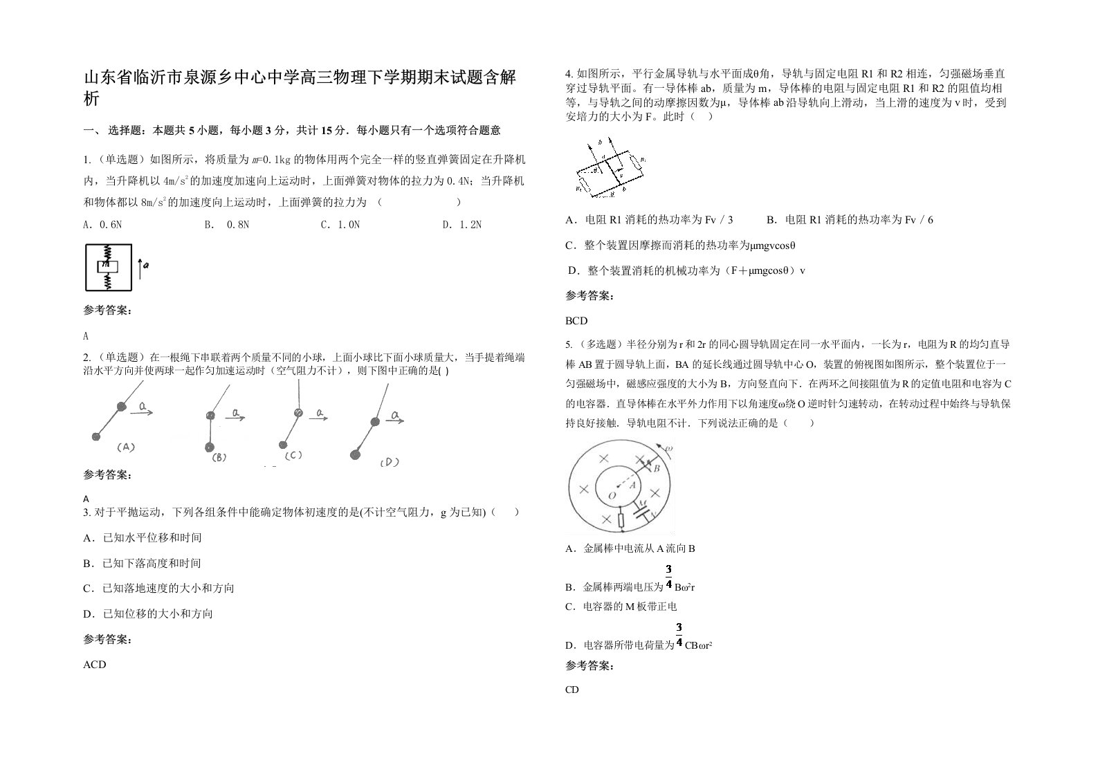 山东省临沂市泉源乡中心中学高三物理下学期期末试题含解析