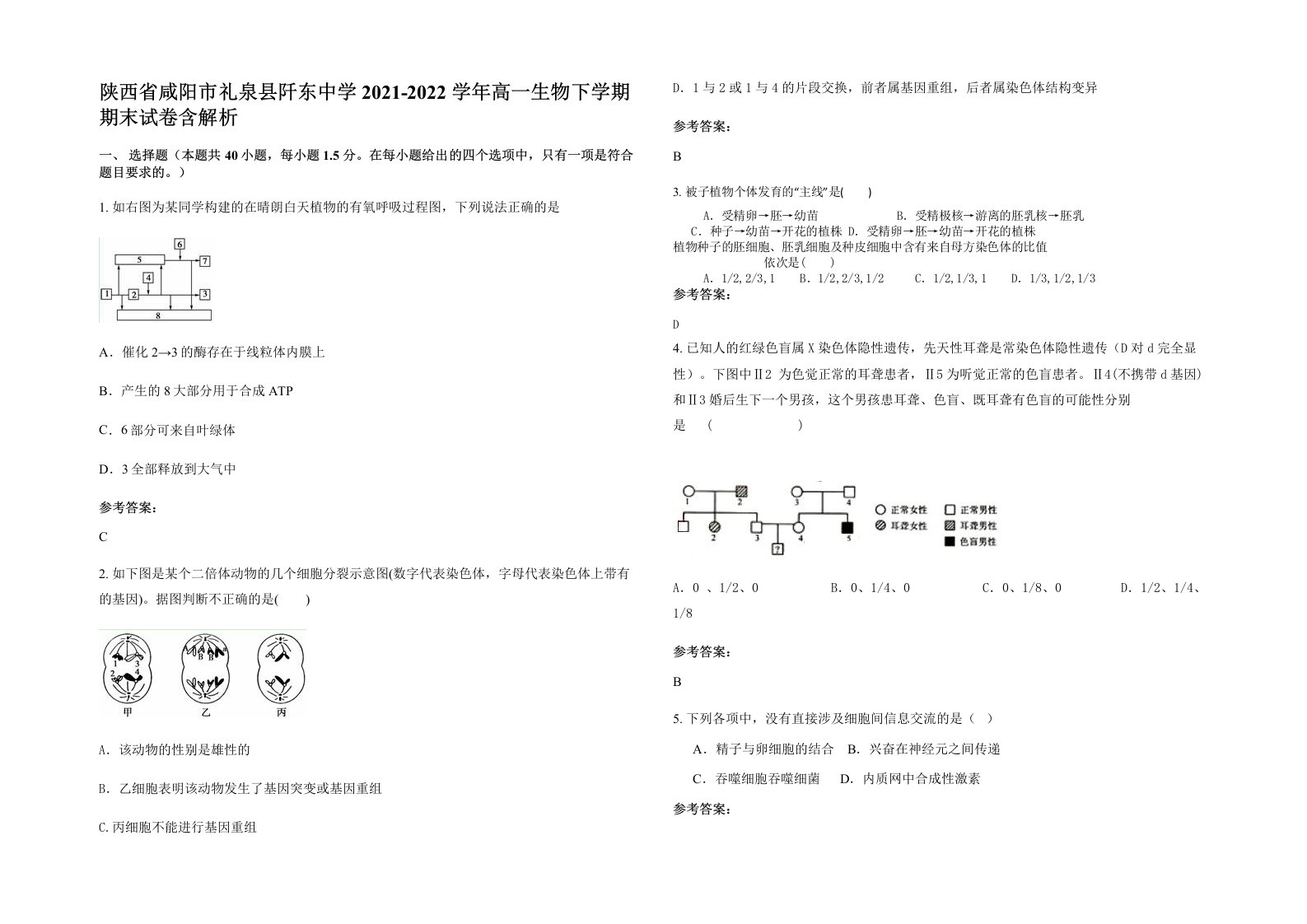 陕西省咸阳市礼泉县阡东中学2021-2022学年高一生物下学期期末试卷含解析