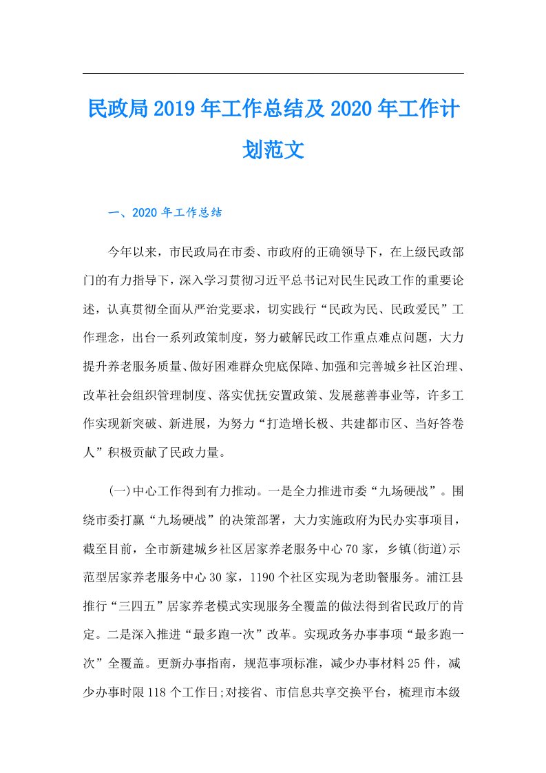 民政局工作总结及工作计划范文