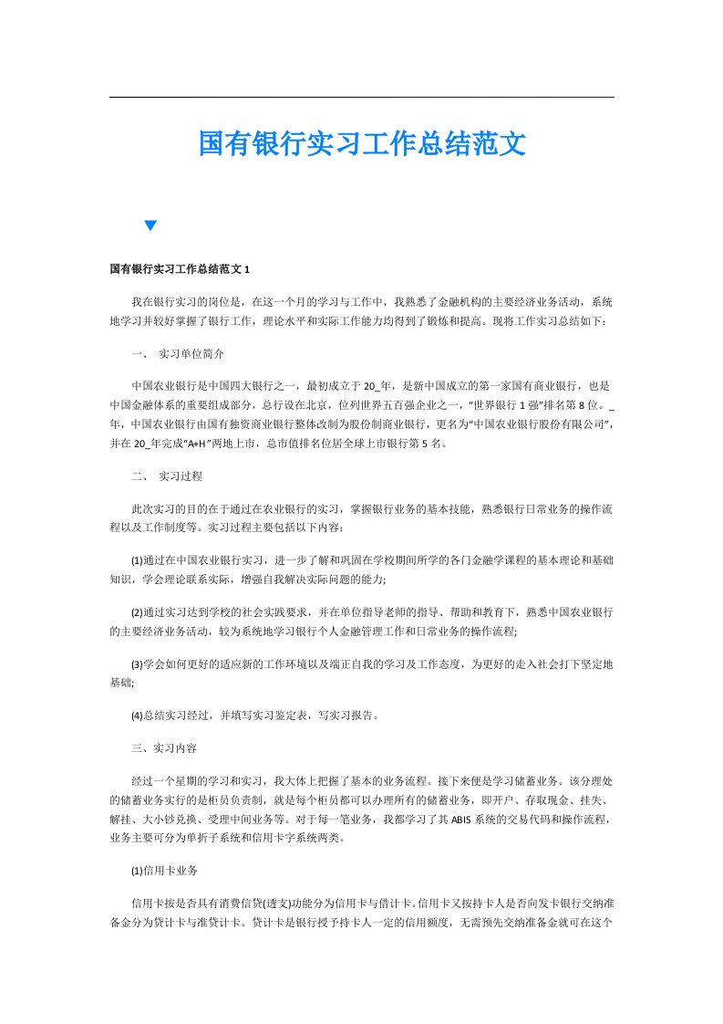 国有银行实习工作总结范文