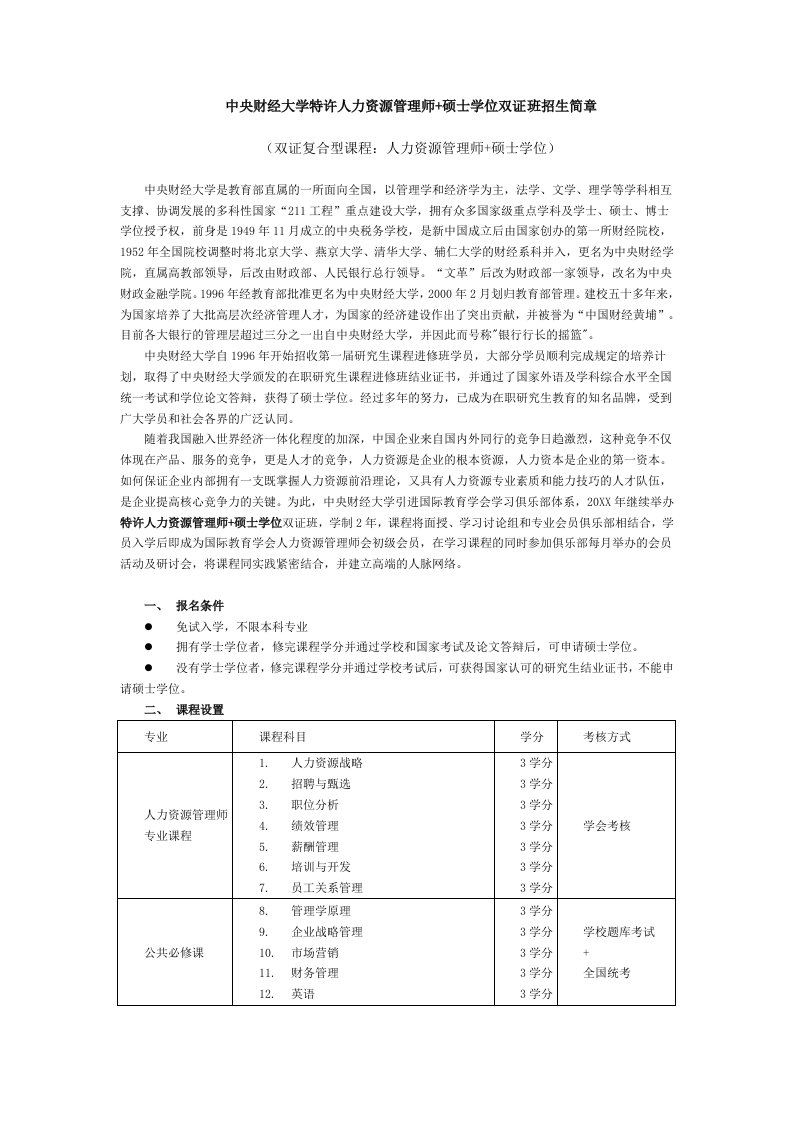 人事管理-中央财经大学特许人力资源管理师硕士学位双证班招生简