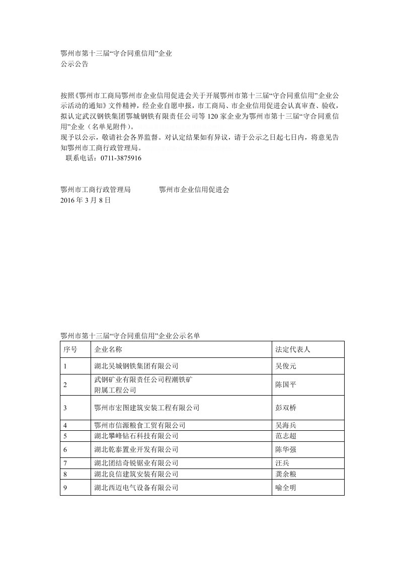 鄂州市第十三届守合同重信用企业