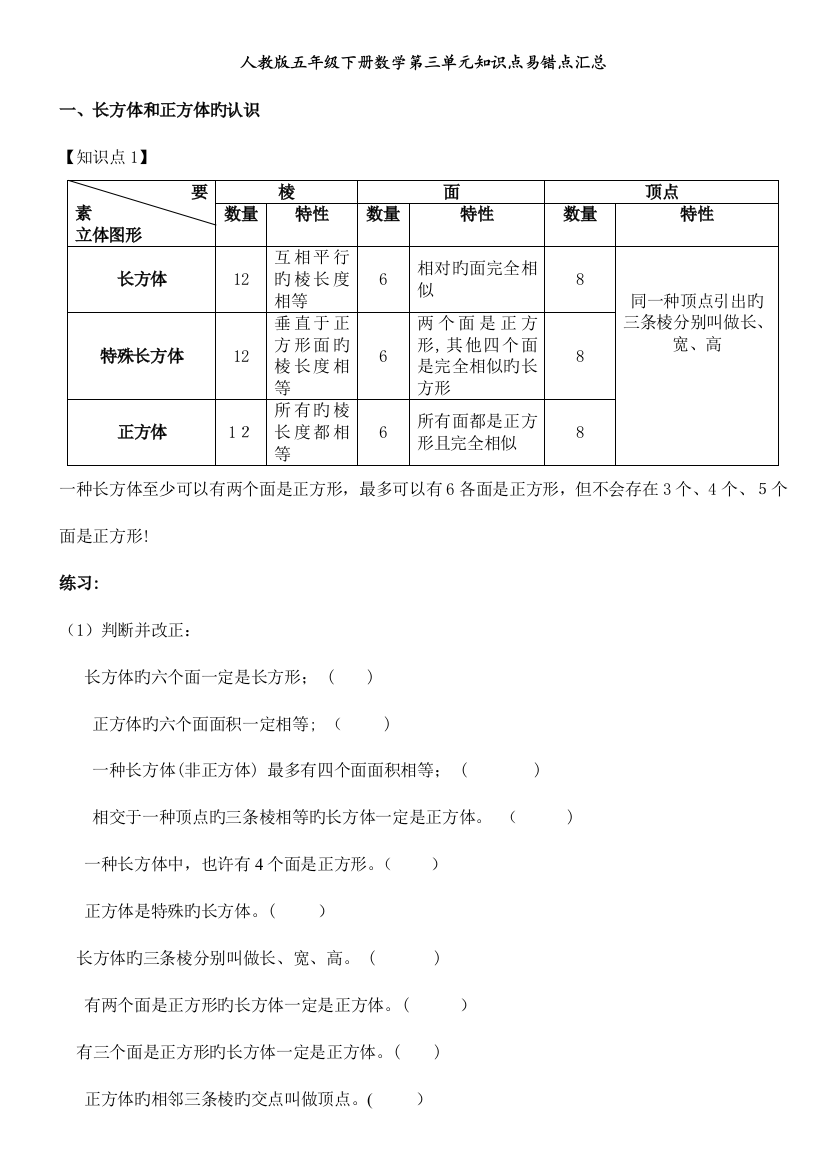 2023年人教版五年级下册数学第三单元知识点易错点汇总