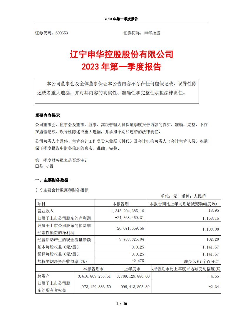 上交所-申华控股2023年一季度报告-20230428