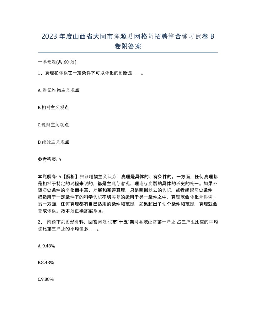 2023年度山西省大同市浑源县网格员招聘综合练习试卷B卷附答案