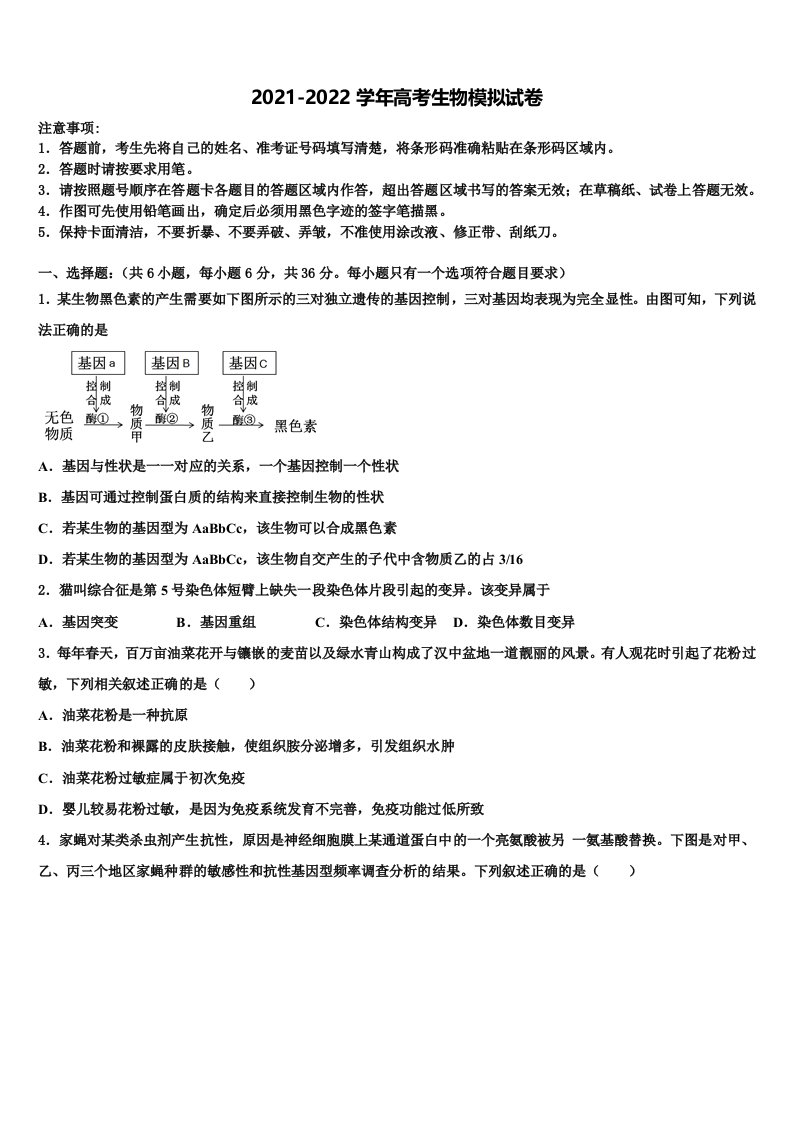 肥西县2022年高三下学期第五次调研考试生物试题含解析