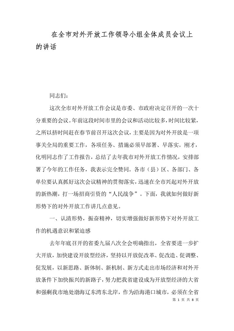 在全市对外开放工作领导小组全体成员会议上的讲话一