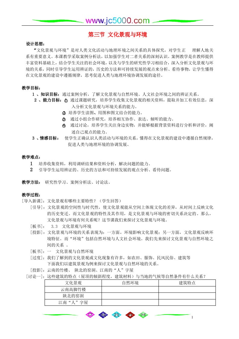 地理教案教学设计第三节文化景观与环境