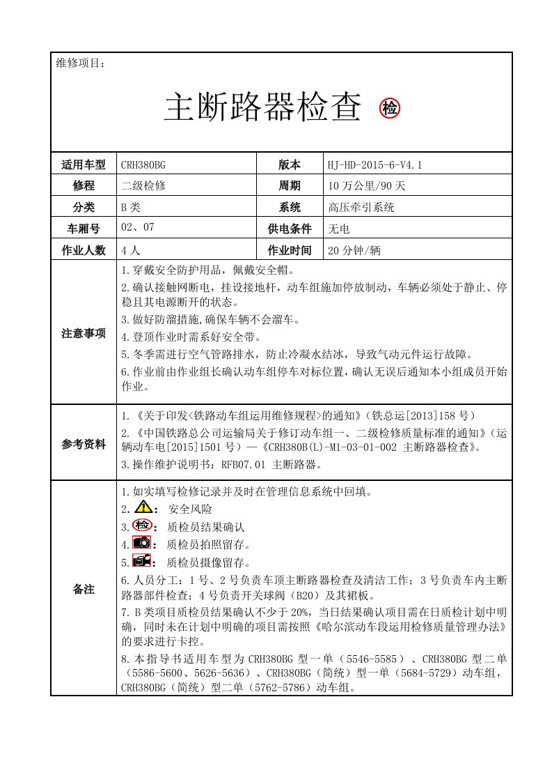 铁路动车组作业指导书crh380blm10301002主断路器检查