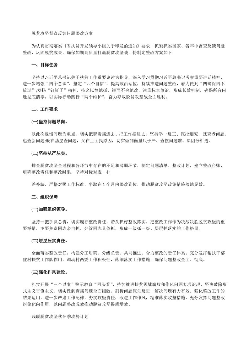 脱贫攻坚督查反馈问题整改方案[修改版]