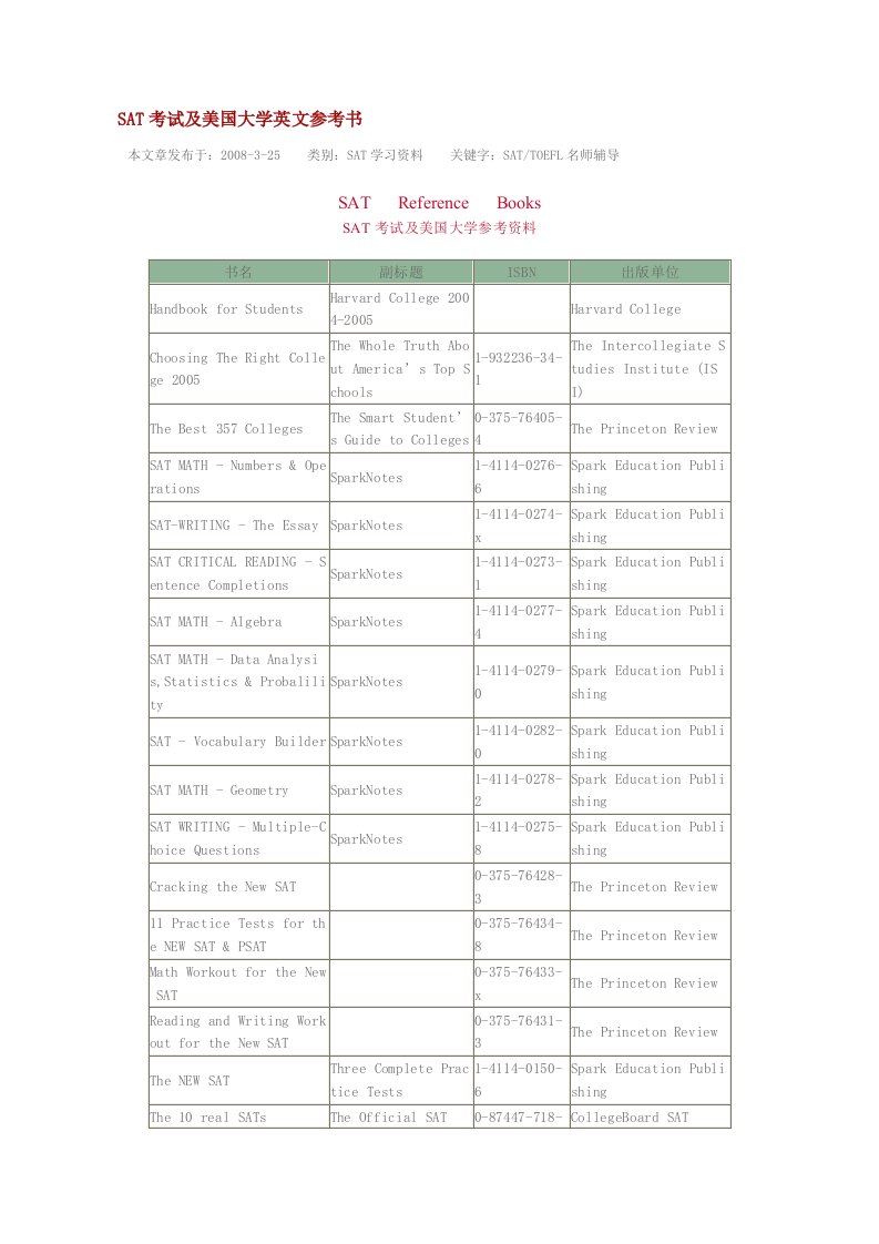 SAT考试及美国大学英文参考书