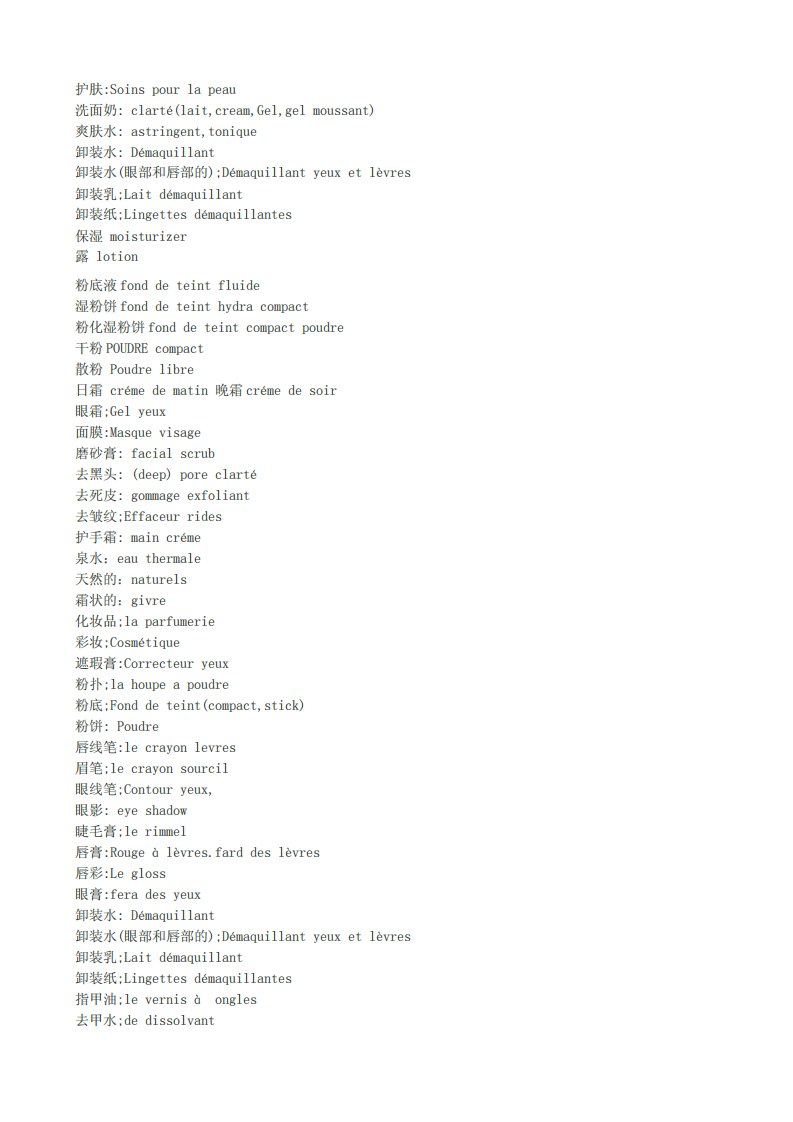 一些护肤品和化妆品等方面的法语词汇（精选）