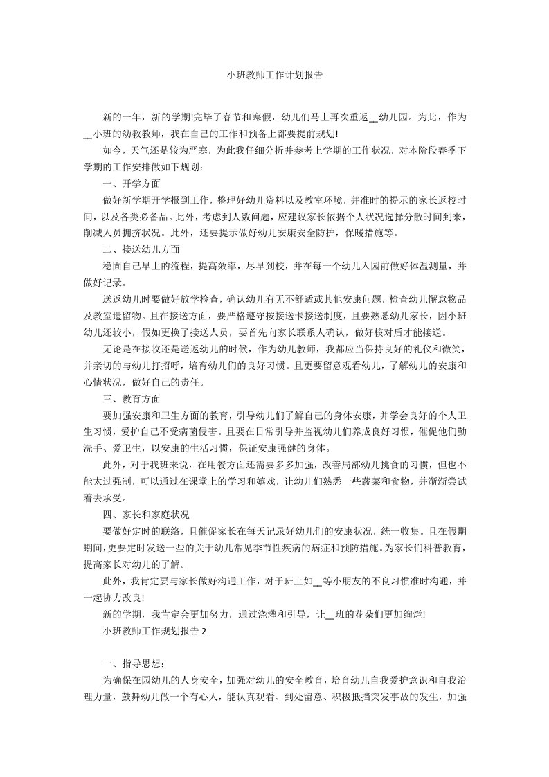 小班教师工作计划报告