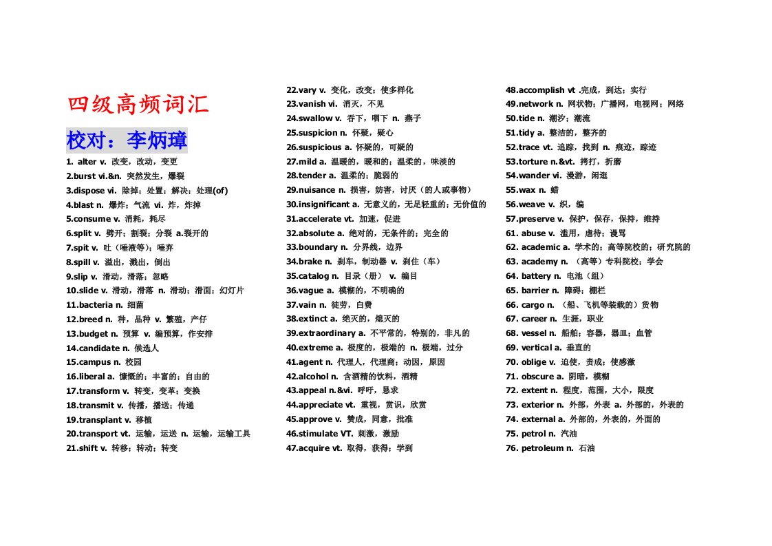 【恒心】大学英语四级高频词汇【必备版】