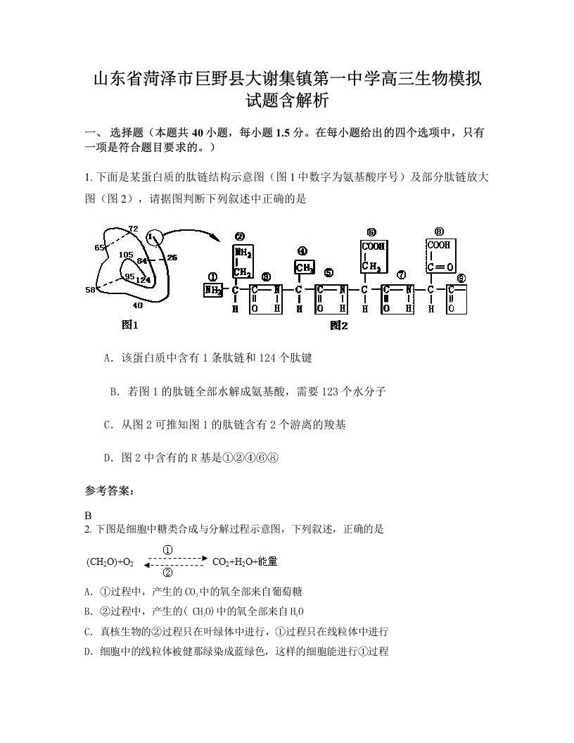 山东省菏泽市巨野县大谢集镇第一中学高三生物模拟试题含解析