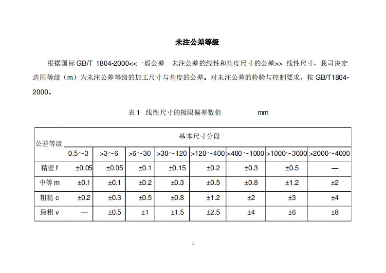 未注公差等级和标准公差表