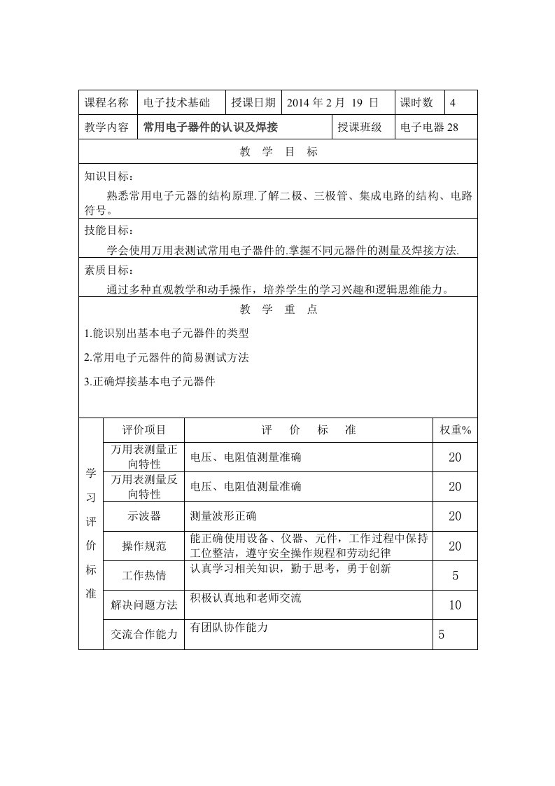 常用电子元器件的认识与焊接教案