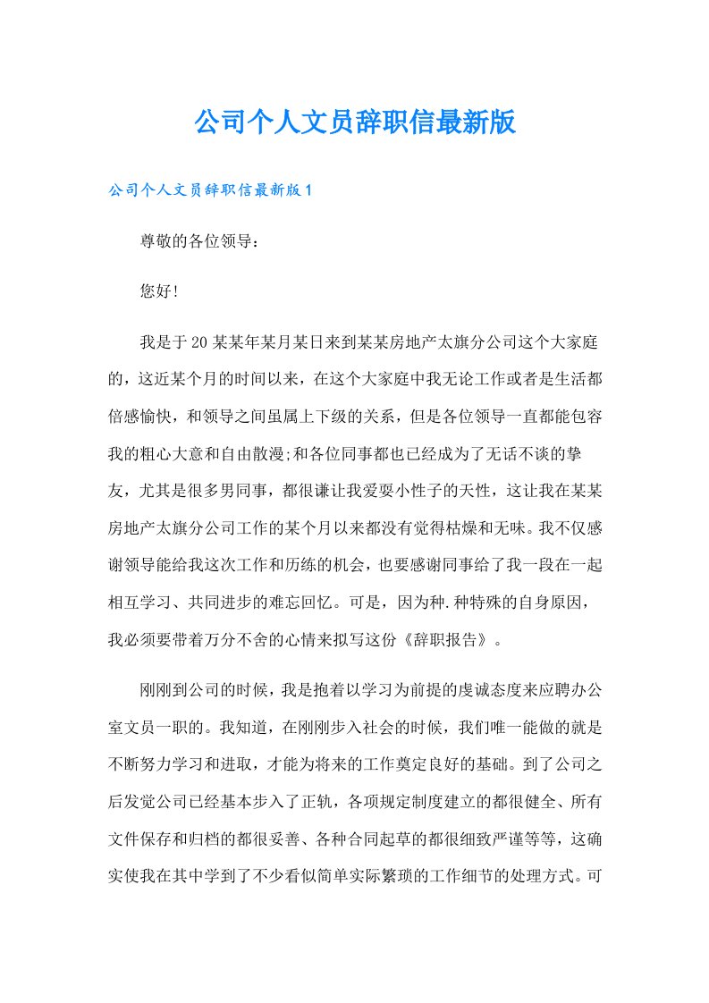 公司个人文员辞职信最新版