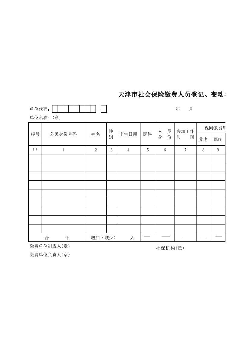 天津市社会保险缴费人员登记、变动名册(津社保登字4号表)