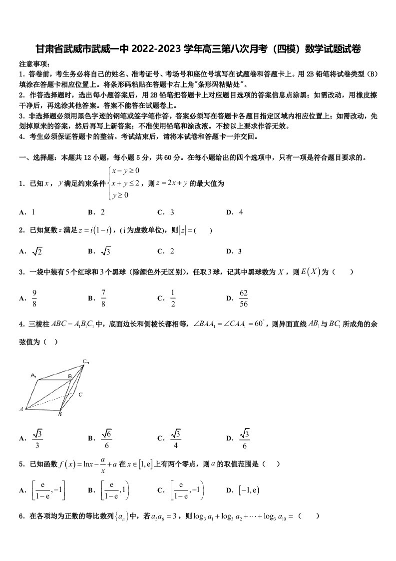 甘肃省武威市武威一中2022-2023学年高三第八次月考（四模）数学试题试卷